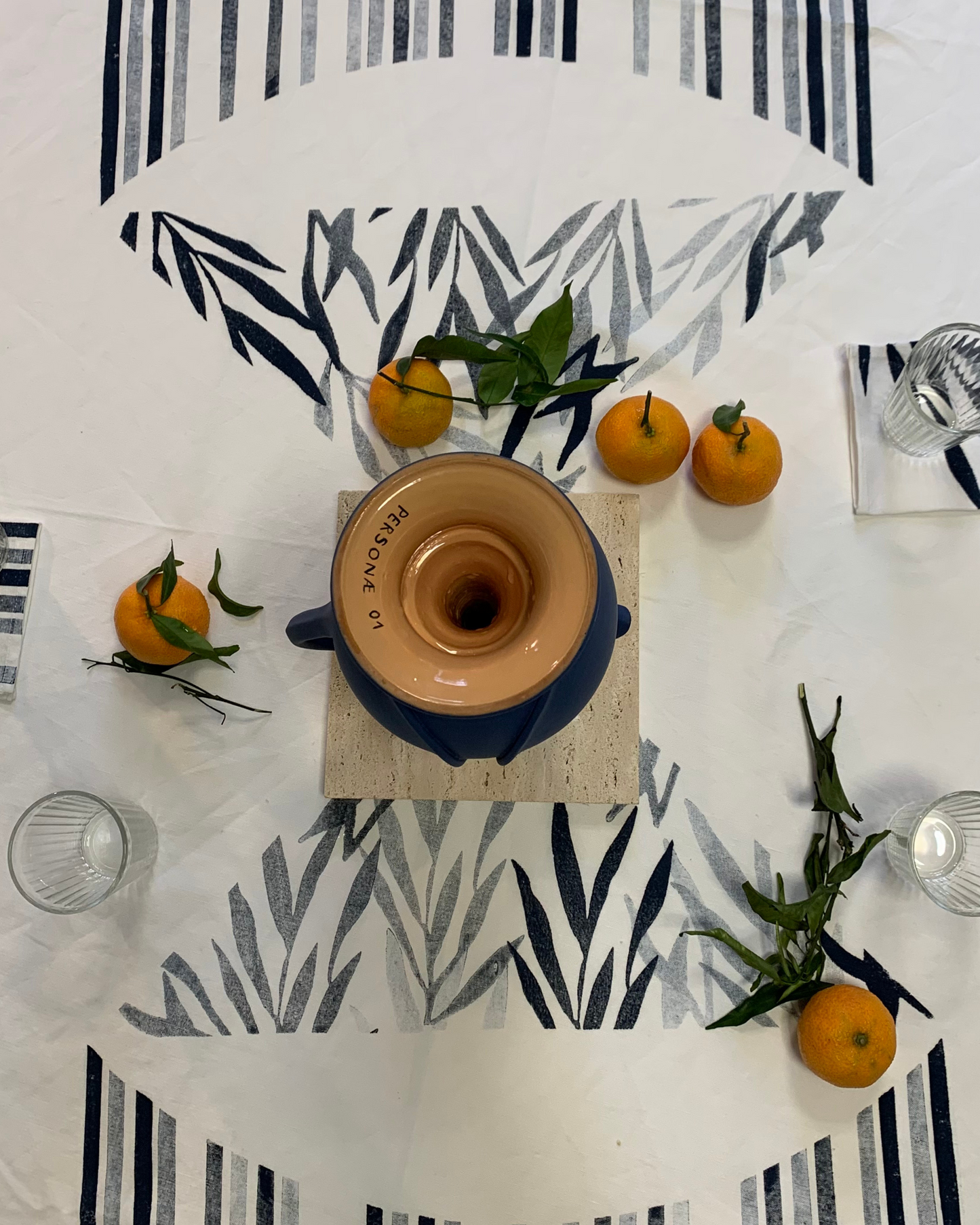 Hand-printed tablecloth featuring traditional block printing patterns. Made in Italy.