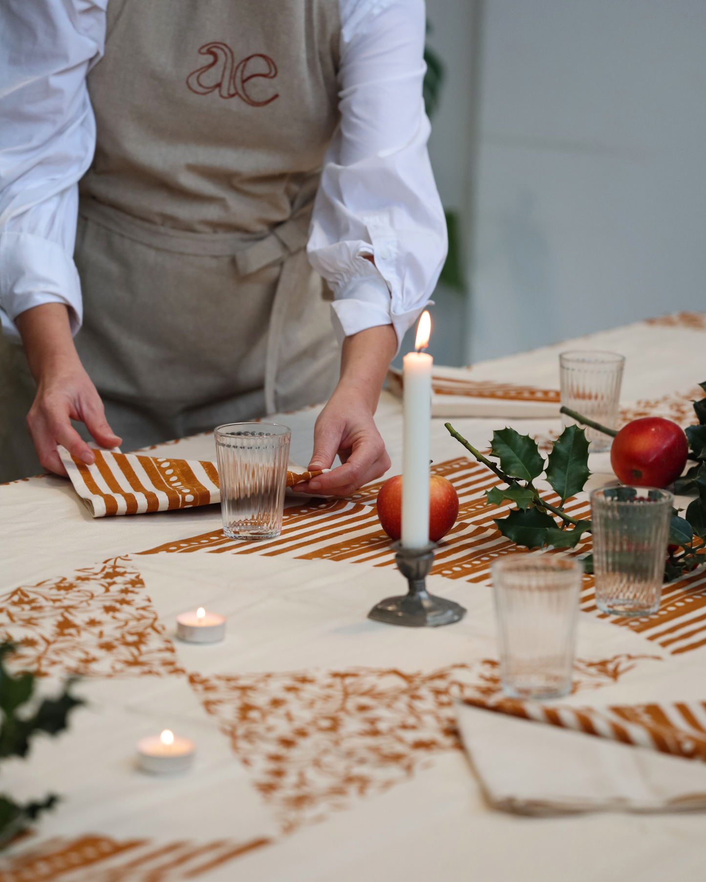 Rust-printed fabric created through an ancient stamping technique from Italy.